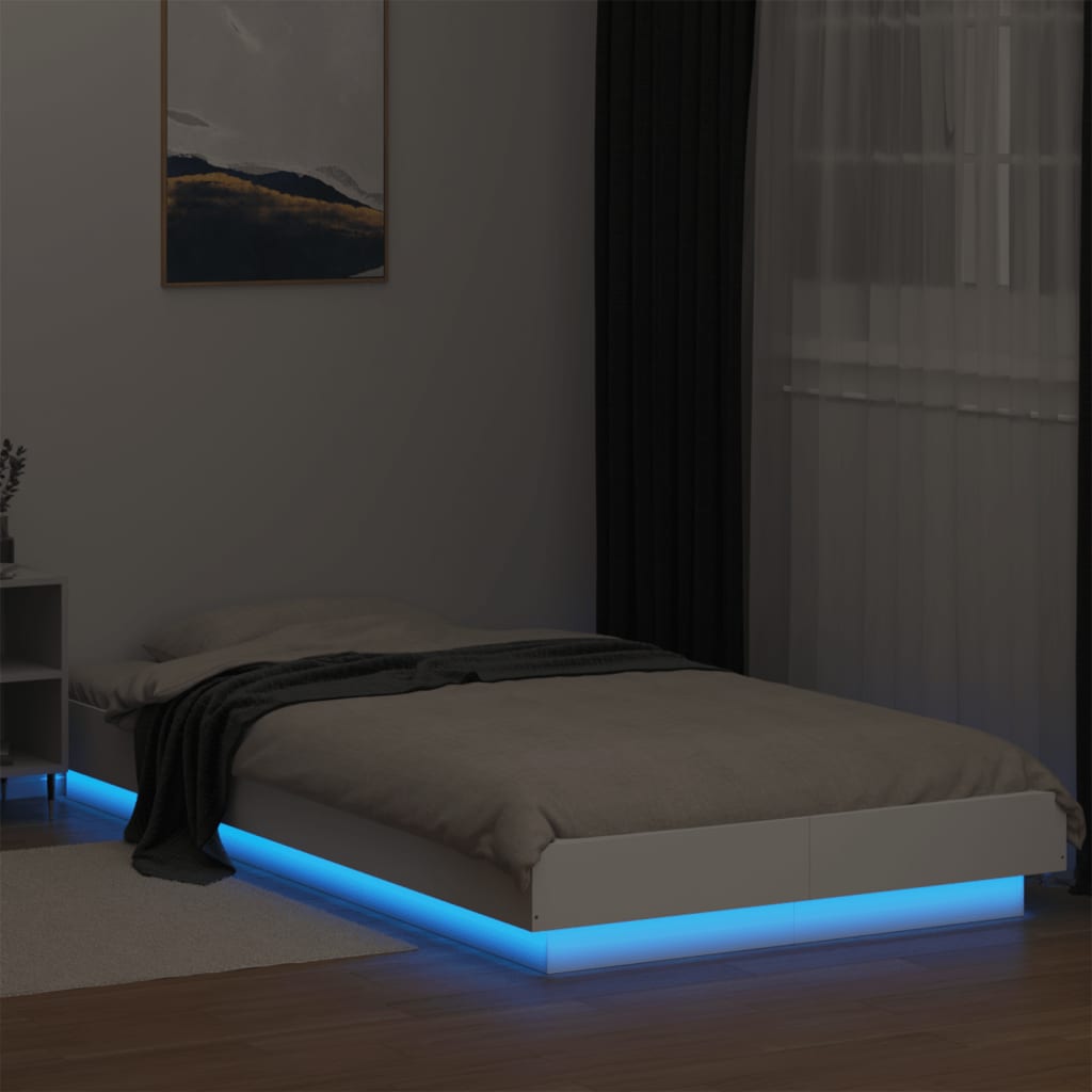 Sengeramme med LED-lys hvit 90x200 cm konstruert tre
