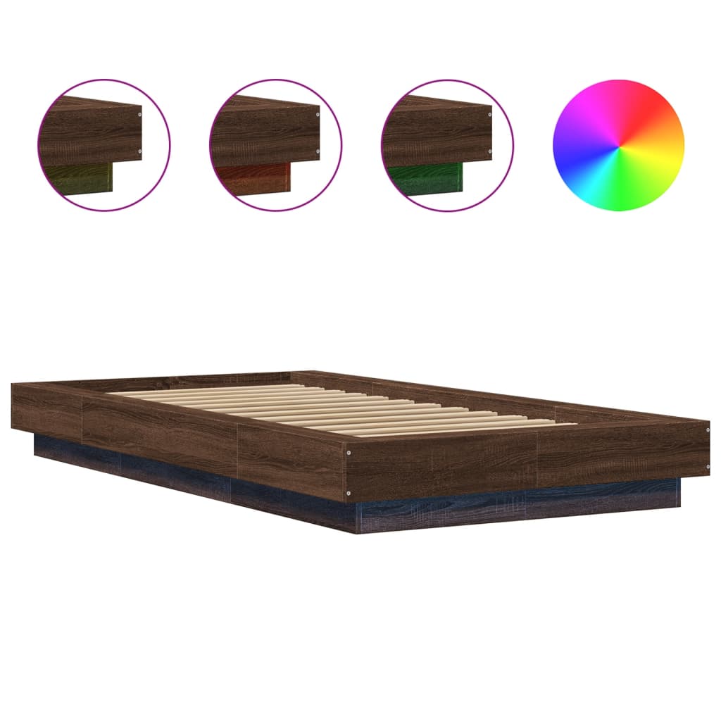 Sengeramme med LED-lys brun eik 90x200 cm konstruert tre