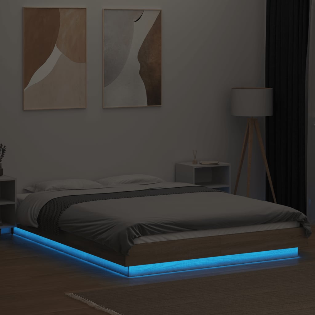 Sengeramme med LED-lys sonoma eik 135x190 cm konstruert tre
