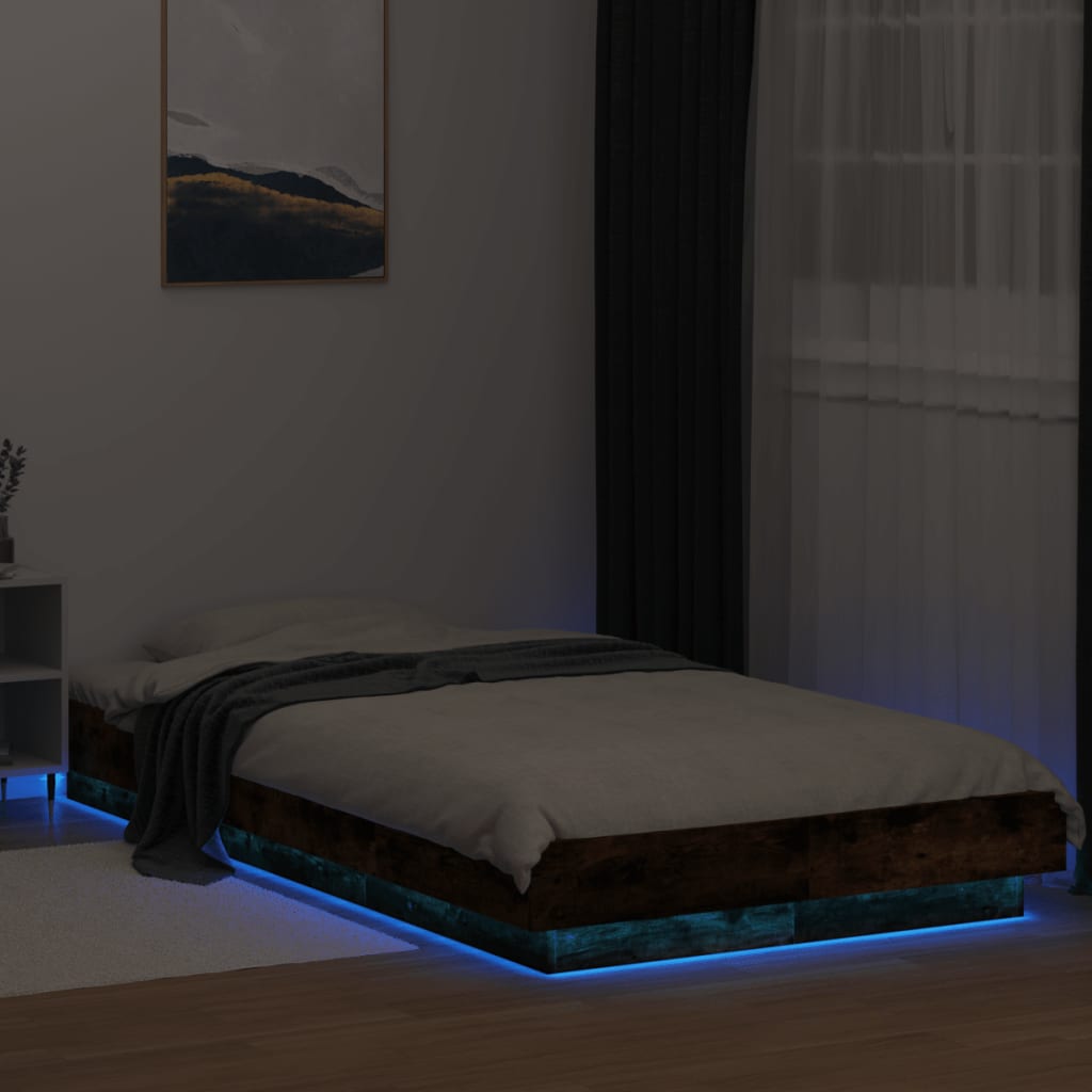 Sengeramme med LED-lys røkt eik 90x190 cm konstruert tre