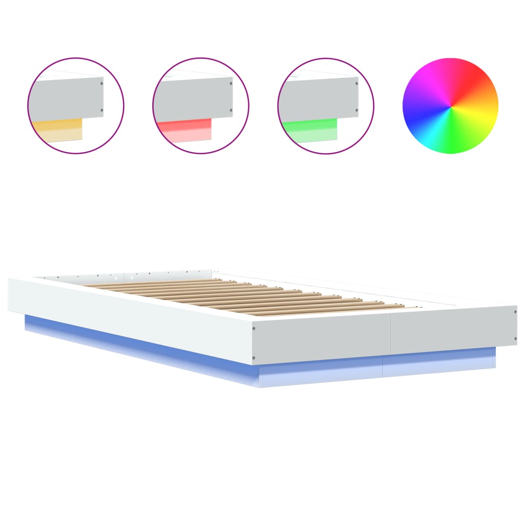 Sengeramme med LED-lys hvit 75x190 cm konstruert tre