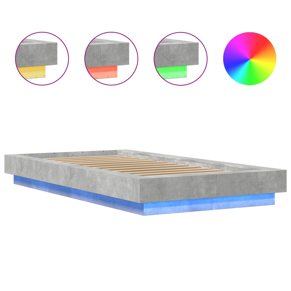 Sengeramme med LED-lys betonggrå 75x190 cm konstruert tre