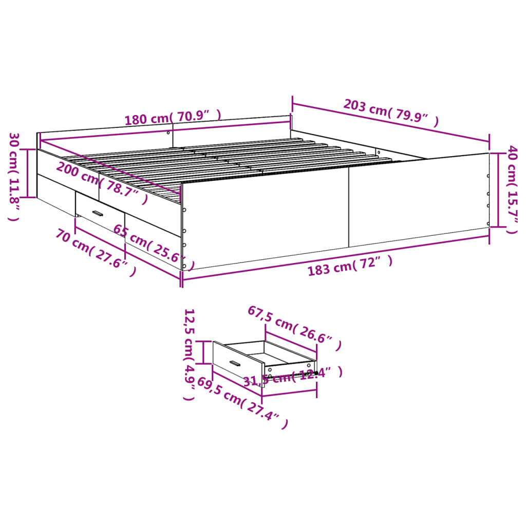 Sengeramme med skuffer hvit 180x200 cm konstruert tre