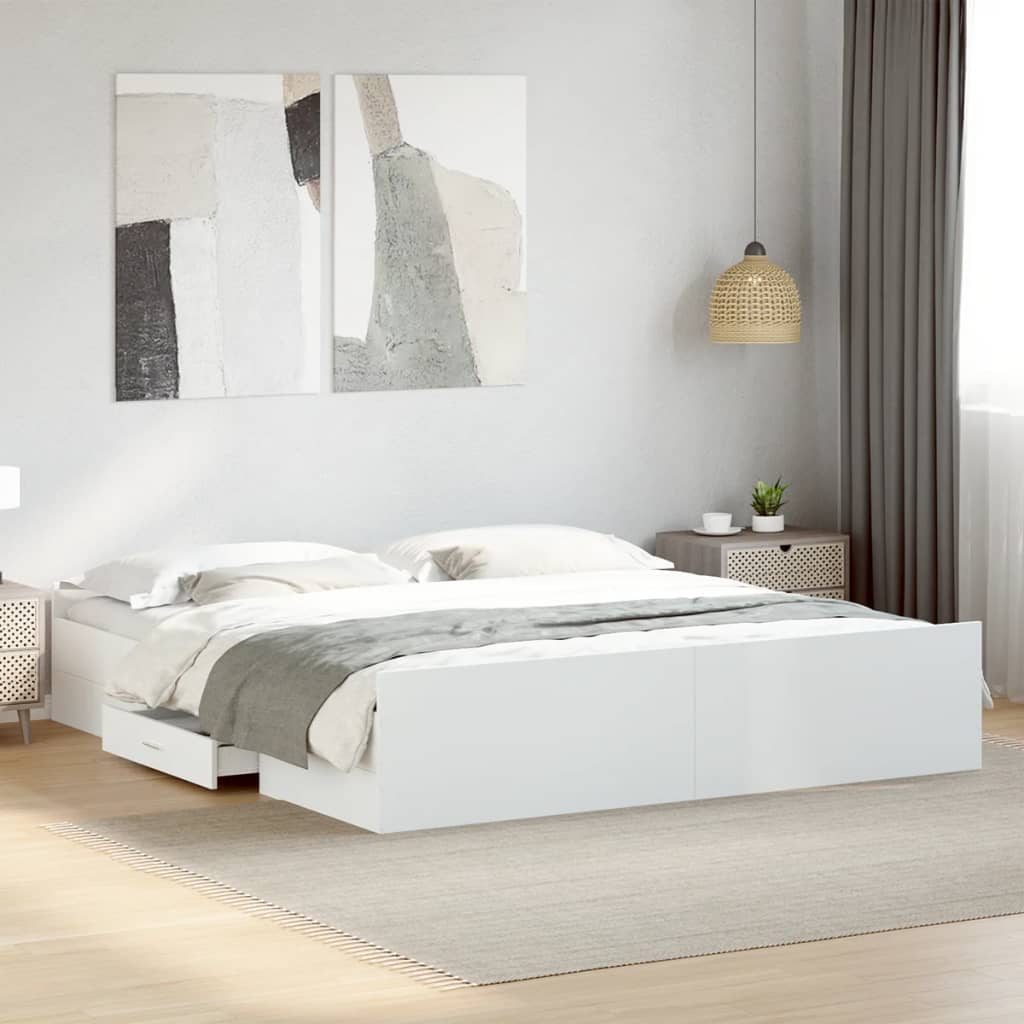 Sengeramme med skuffer hvit 180x200 cm konstruert tre