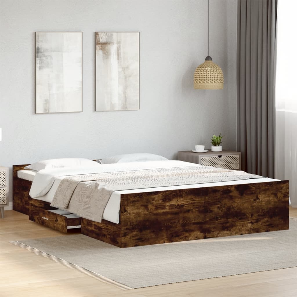 Sengeramme med skuffer røkt eik 140x200 cm konstruert tre