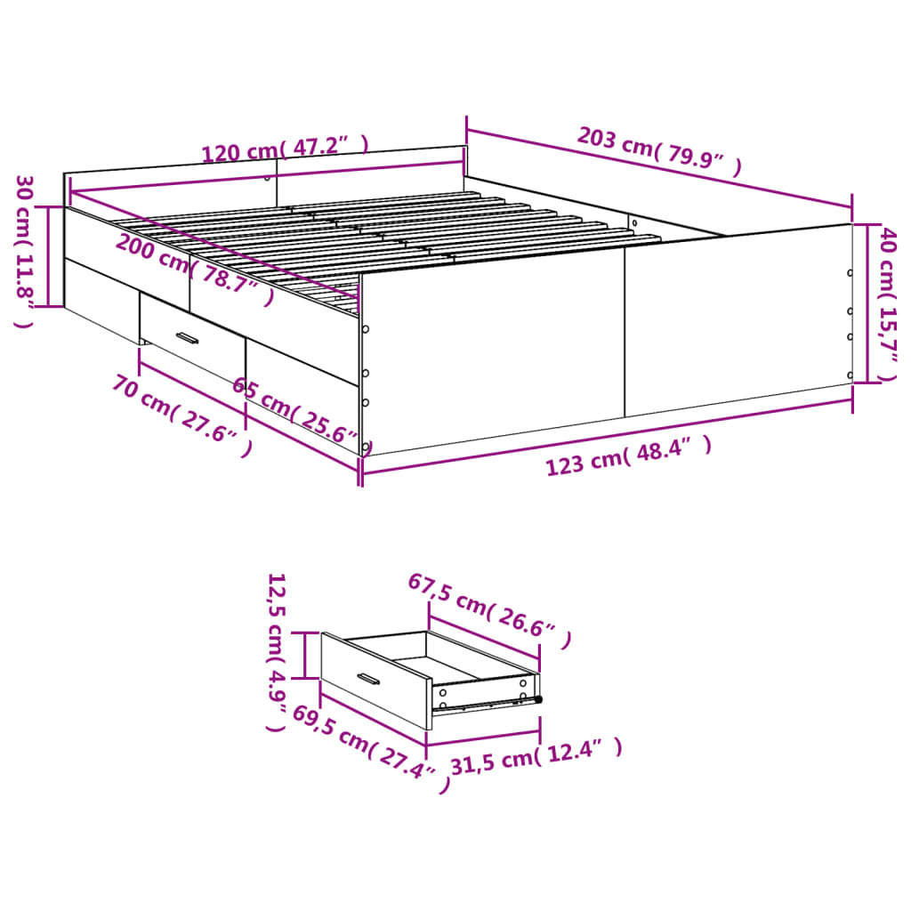 Sengeramme med skuffer sonoma eik 120x200 cm konstruert tre
