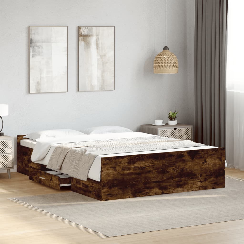 Sengeramme med skuffer røkt eik 135x190 cm konstruert tre