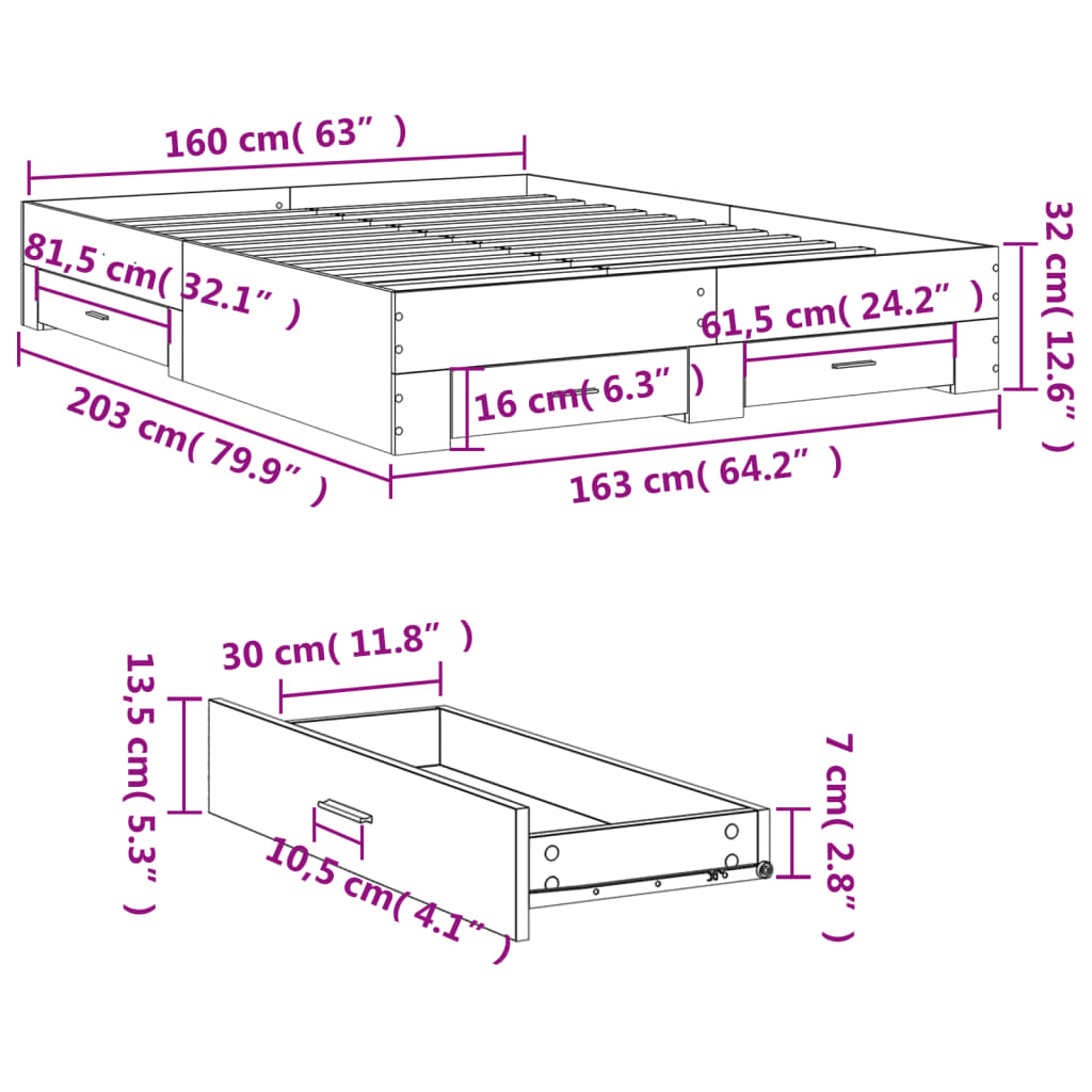 Sengeramme med skuffer sonoma eik 160x200 cm konstruert tre vidaXL