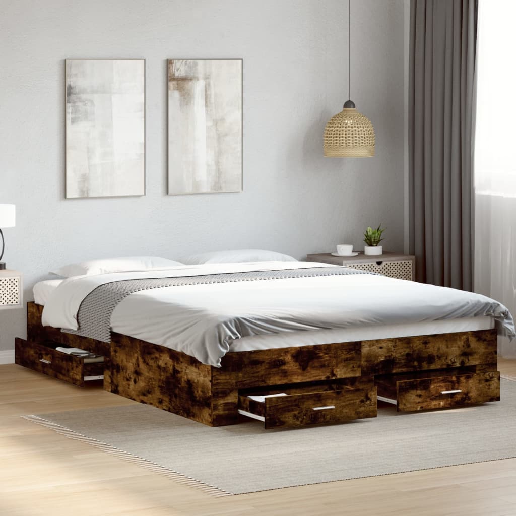 Sengeramme med skuffer røkt eik 150x200 cm konstruert tre