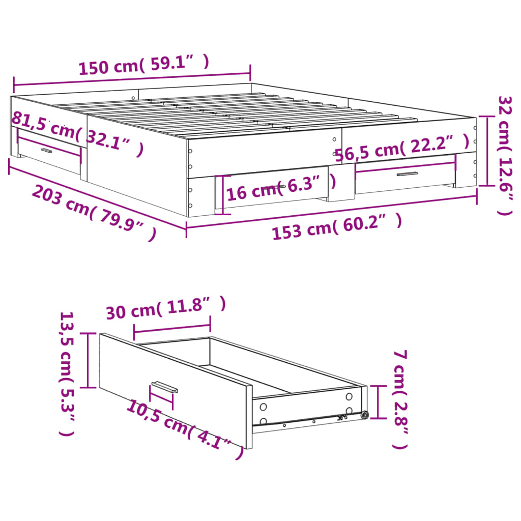 Sengeramme med skuffer røkt eik 150x200 cm konstruert tre