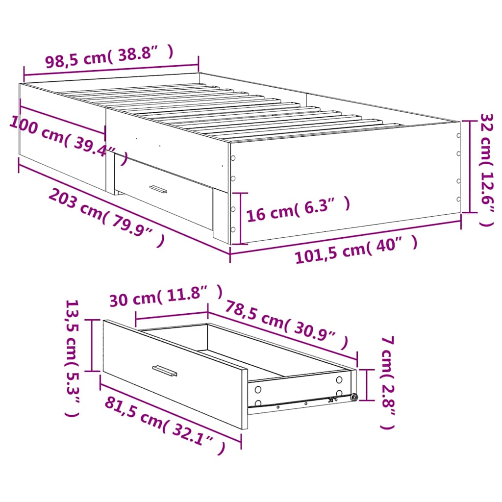 Sengeramme med skuffer hvit 100x200 cm konstruert tre vidaXL