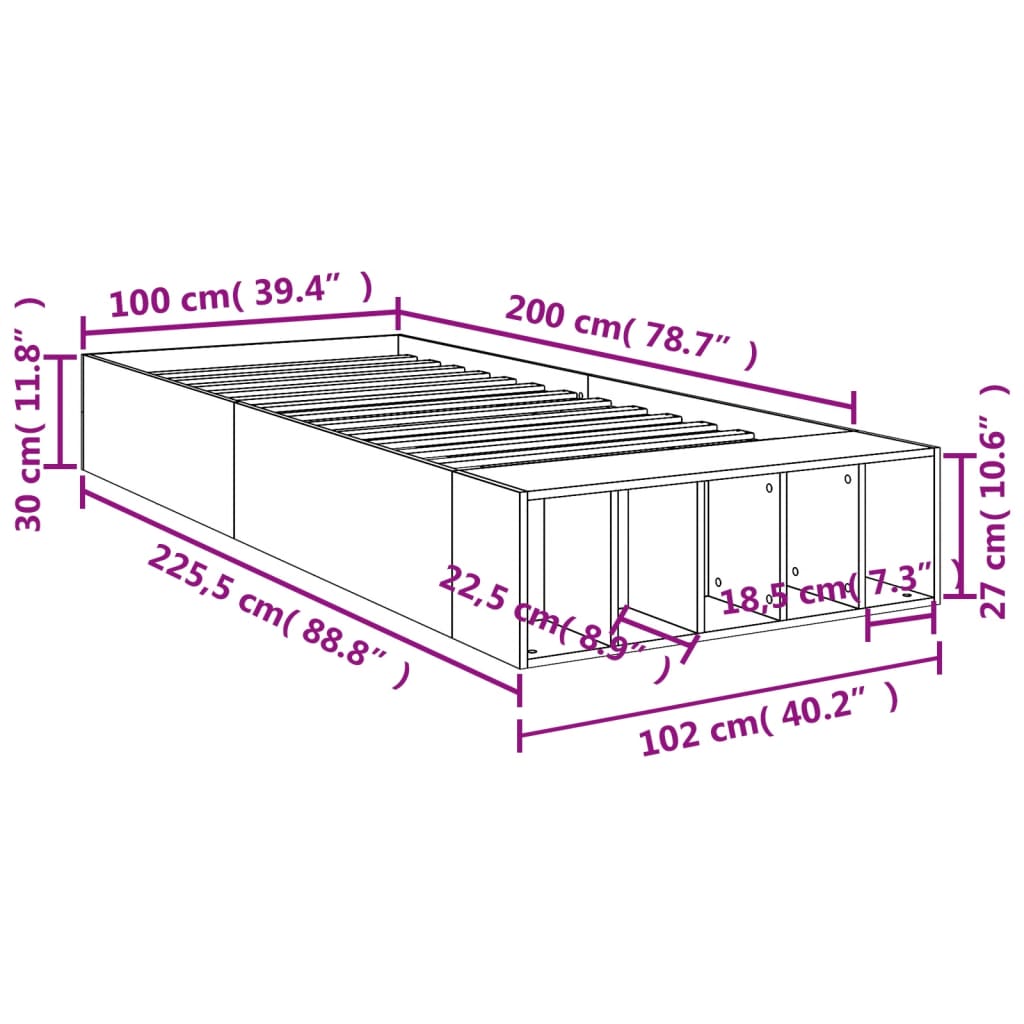 Sengeramme betonggrå 100x200 cm konstruert tre