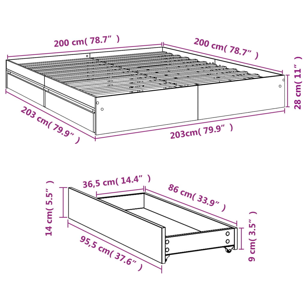 Sengeramme med skuffer hvit 200x200 cm konstruert tre