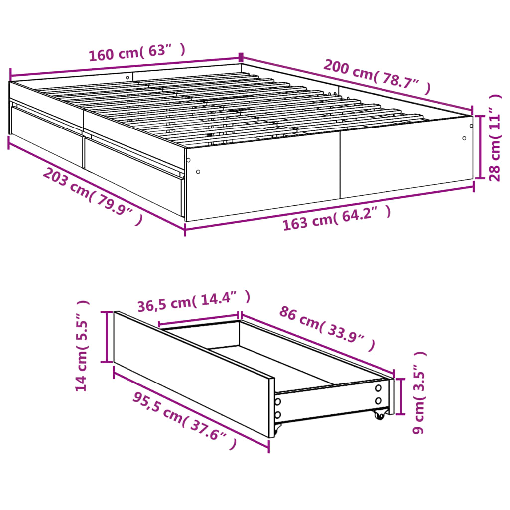 Sengeramme med skuffer røkt eik 160x200 cm konstruert tre