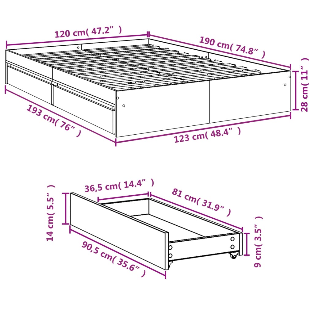 Sengeramme med skuffer sonoma eik 120x190 cm konstruert tre