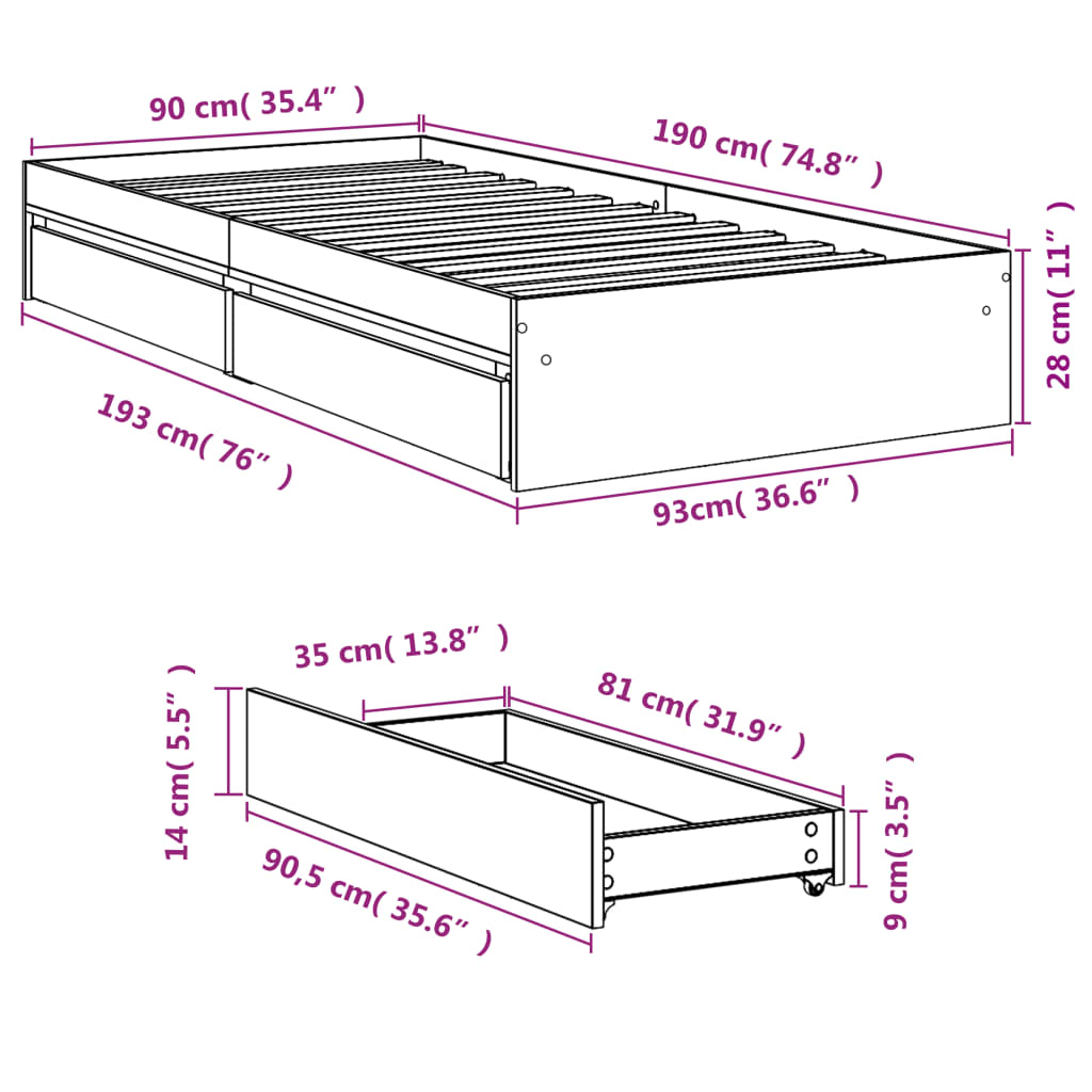 Sengeramme med skuffer svart 90x190 cm konstruert tre