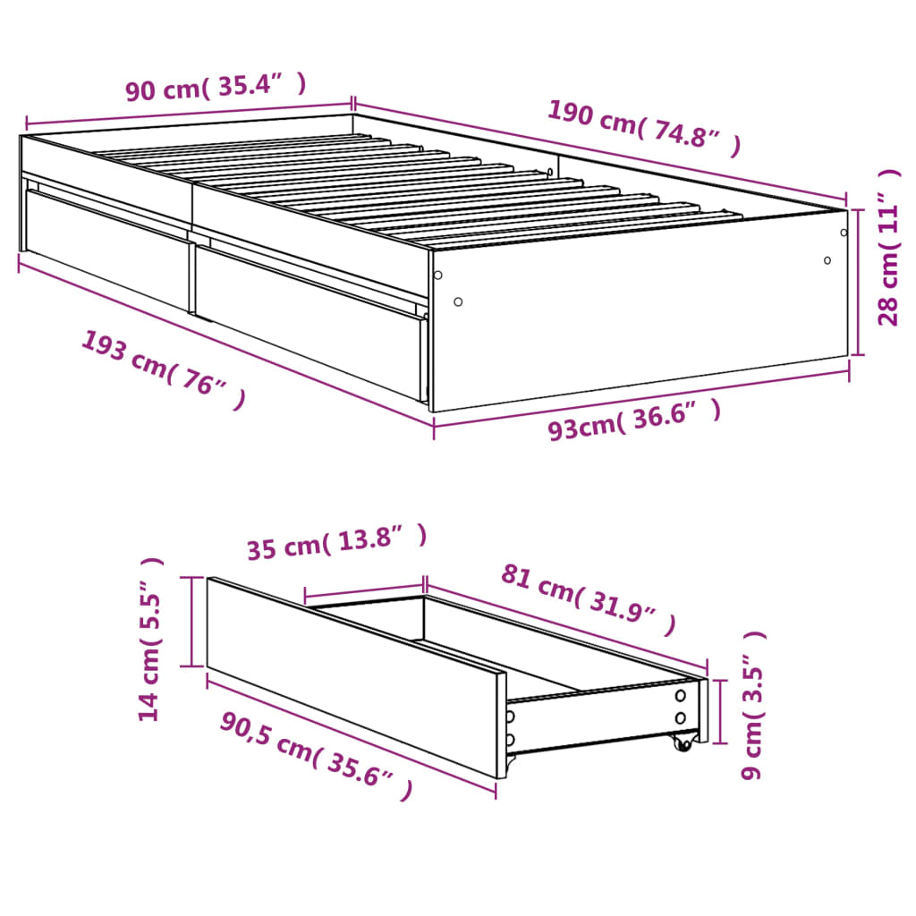 Sengeramme med skuffer sonoma eik 90x190 cm konstruert tre
