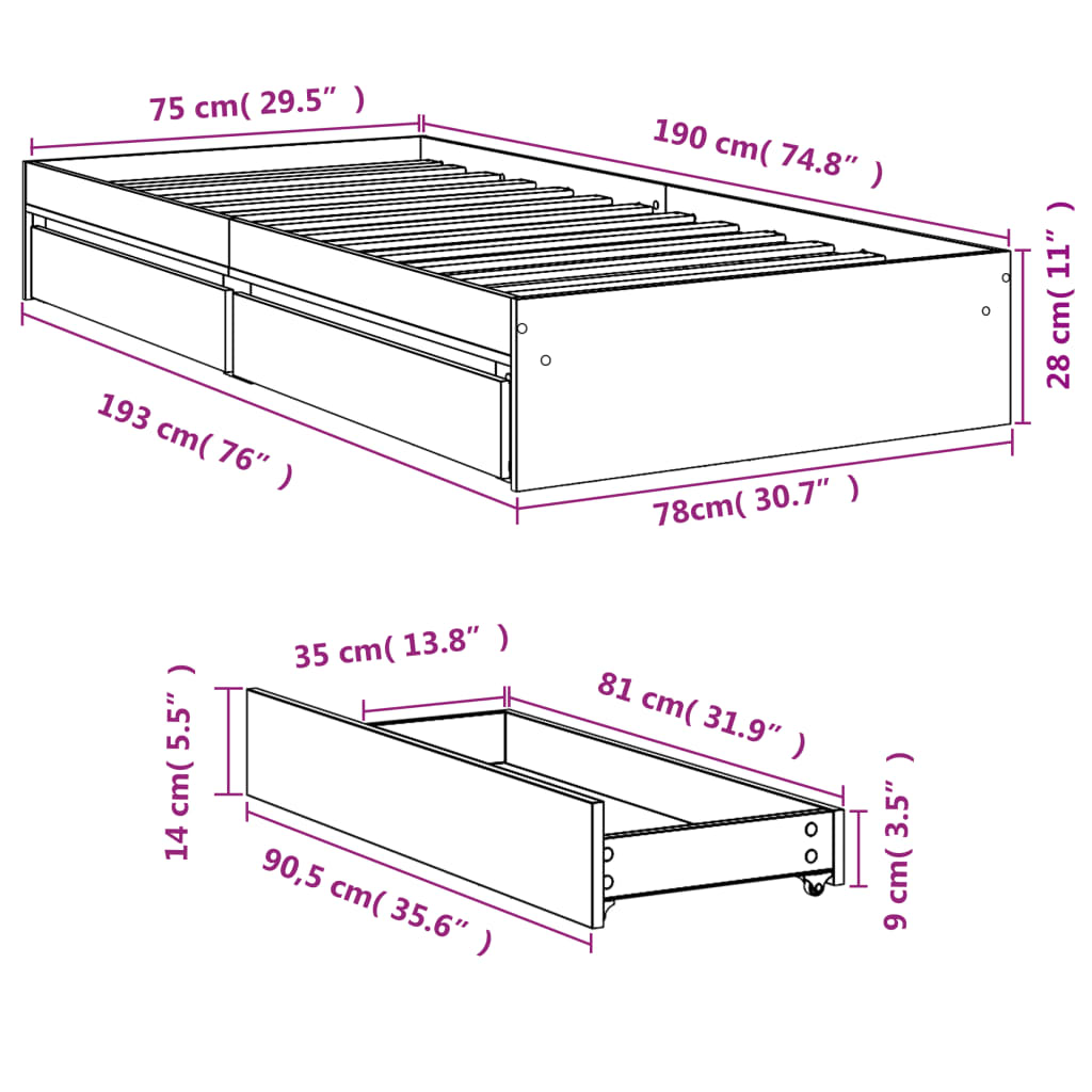 Sengeramme med skuffer brun eik 75x190 cm konstruert tre