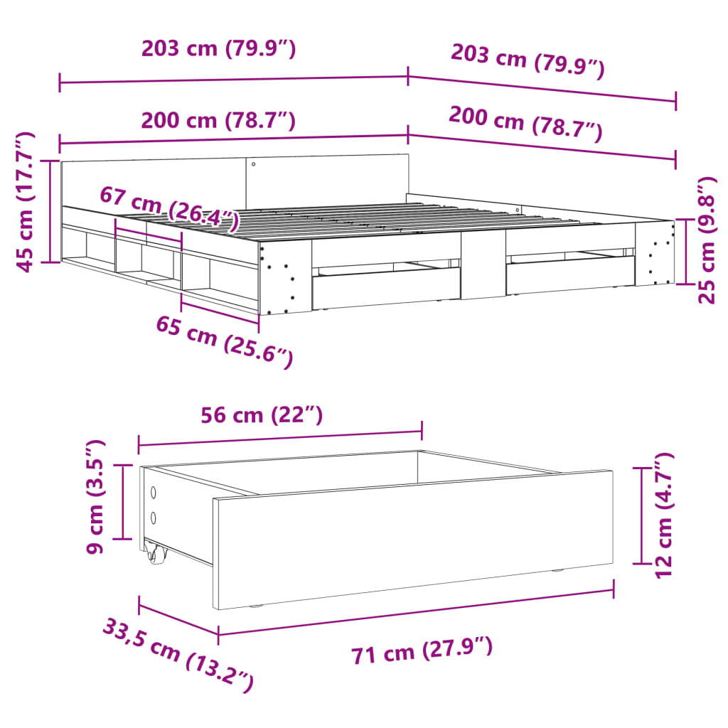 Sengeramme med skuffer grå sonoma 200x200 cm konstruert tre