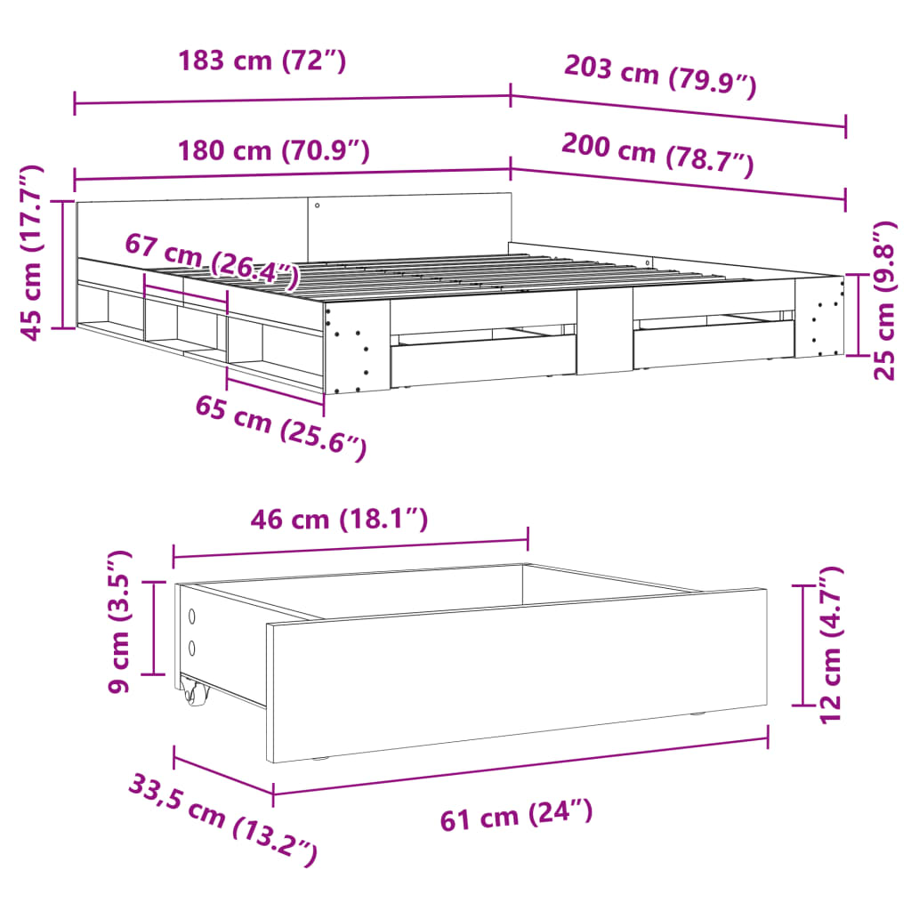 Sengeramme med skuffer røkt eik 180x200 cm konstruert tre