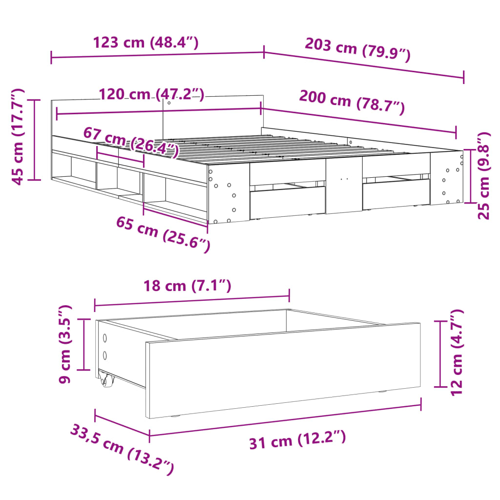 Sengeramme med skuffer røkt eik 120x200 cm konstruert tre