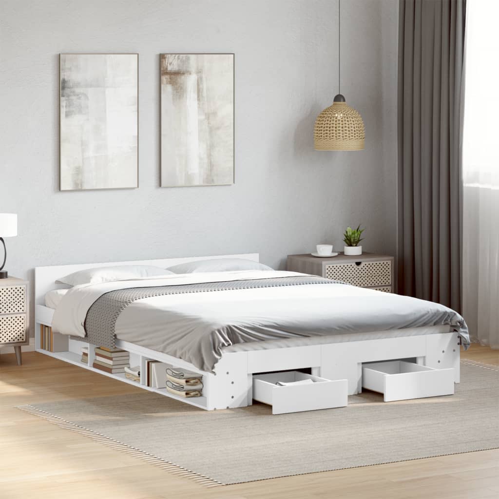 Sengeramme med skuffer hvit 140x190 cm konstruert tre