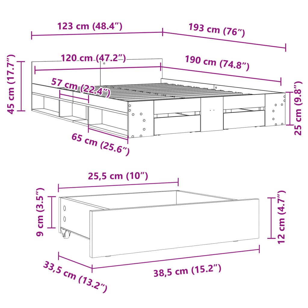 Sengeramme med skuffer betonggrå 120x190 cm konstruert tre