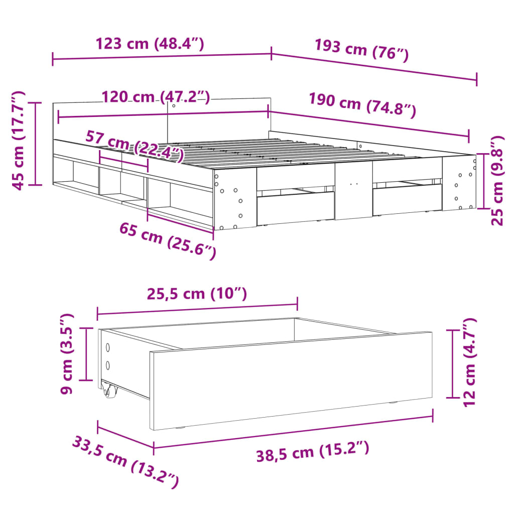 Sengeramme med skuffer røkt eik 120x190 cm konstruert tre