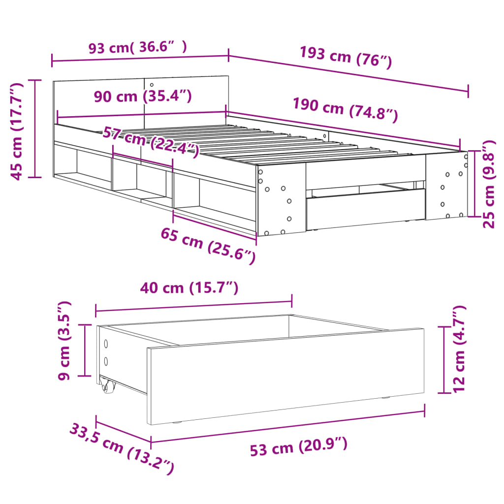 Sengeramme med skuff sonoma eik 90x190 cm konstruert tre