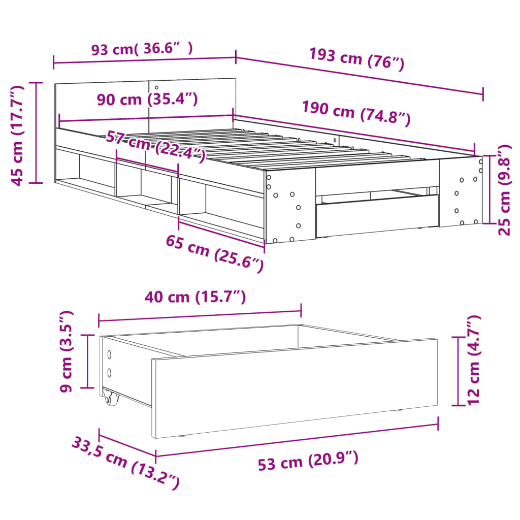 Sengeramme med skuff betonggrå 90x190 cm konstruert tre