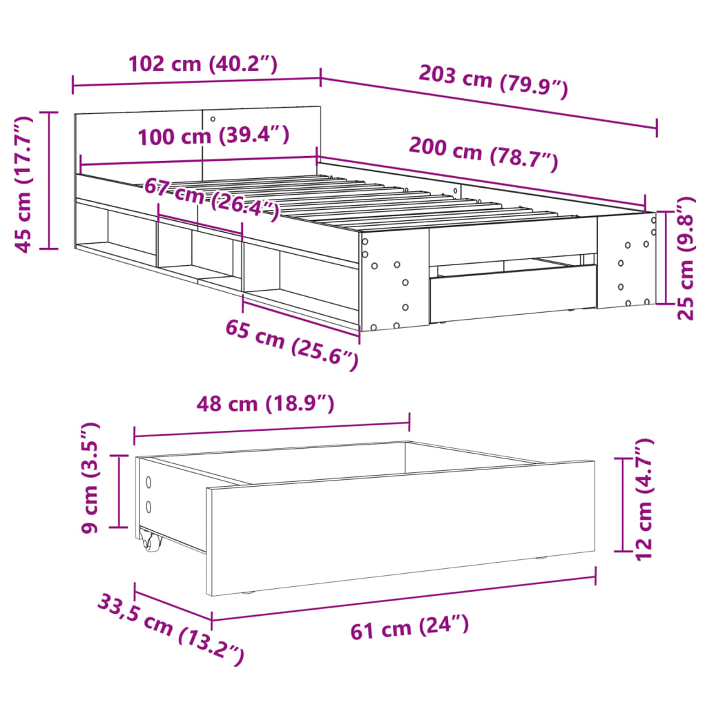 Sengeramme med skuff svart 100x200 cm konstruert tre