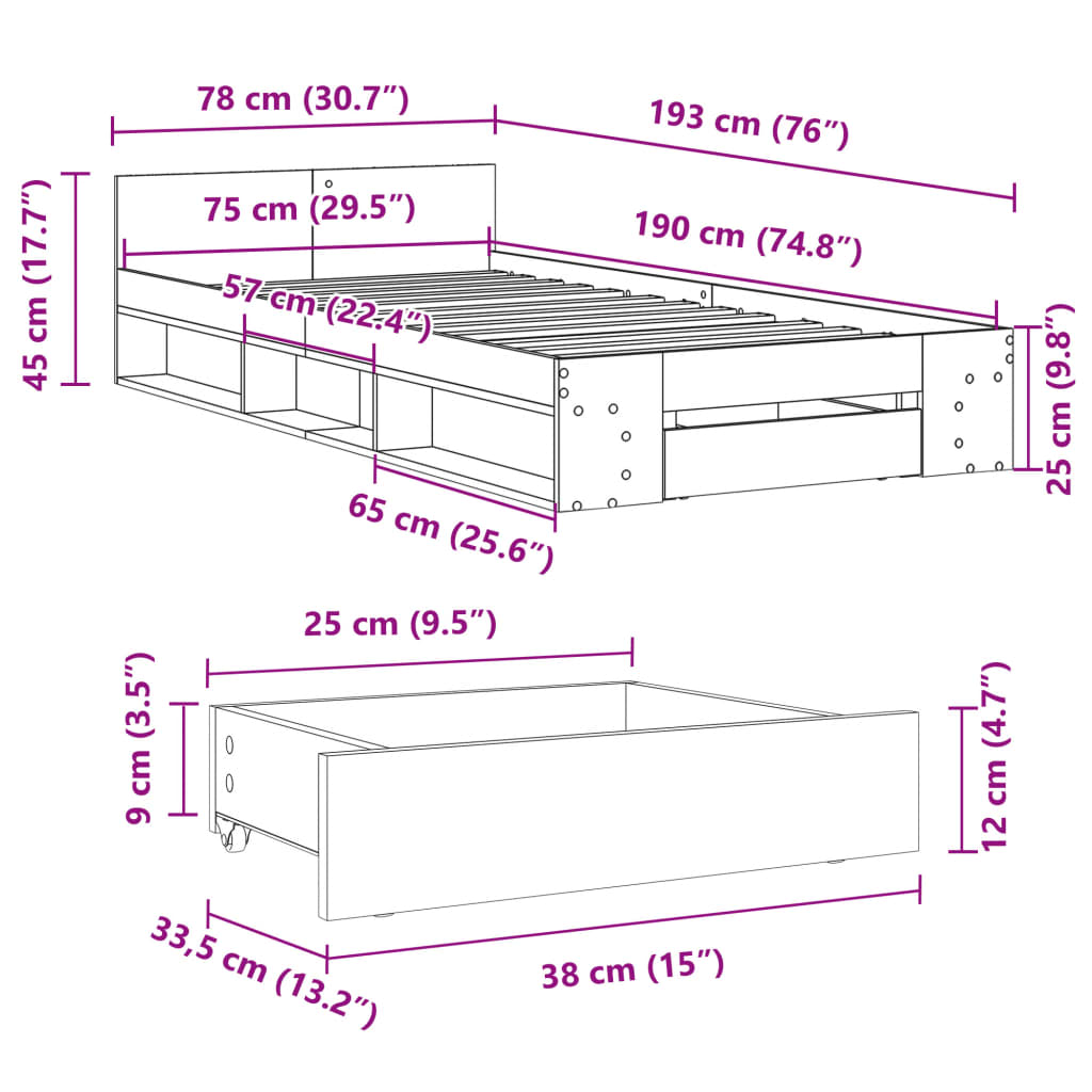 Sengeramme med skuff hvit 75x190 cm konstruert tre