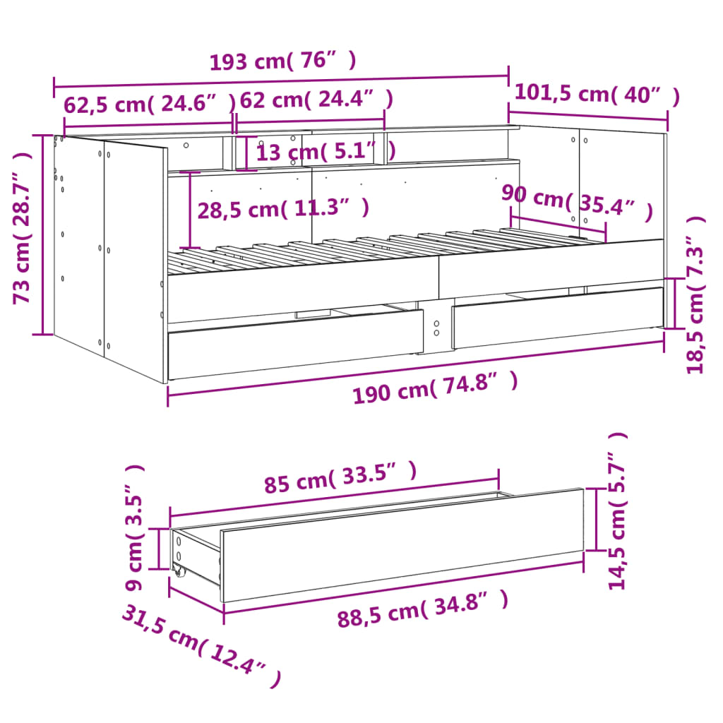 Dagseng med skuffer uten Madrass Hvit 90x190 cm