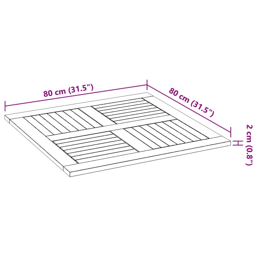 Bordplate 80x80x2,2 cm firkantet heltre akasie