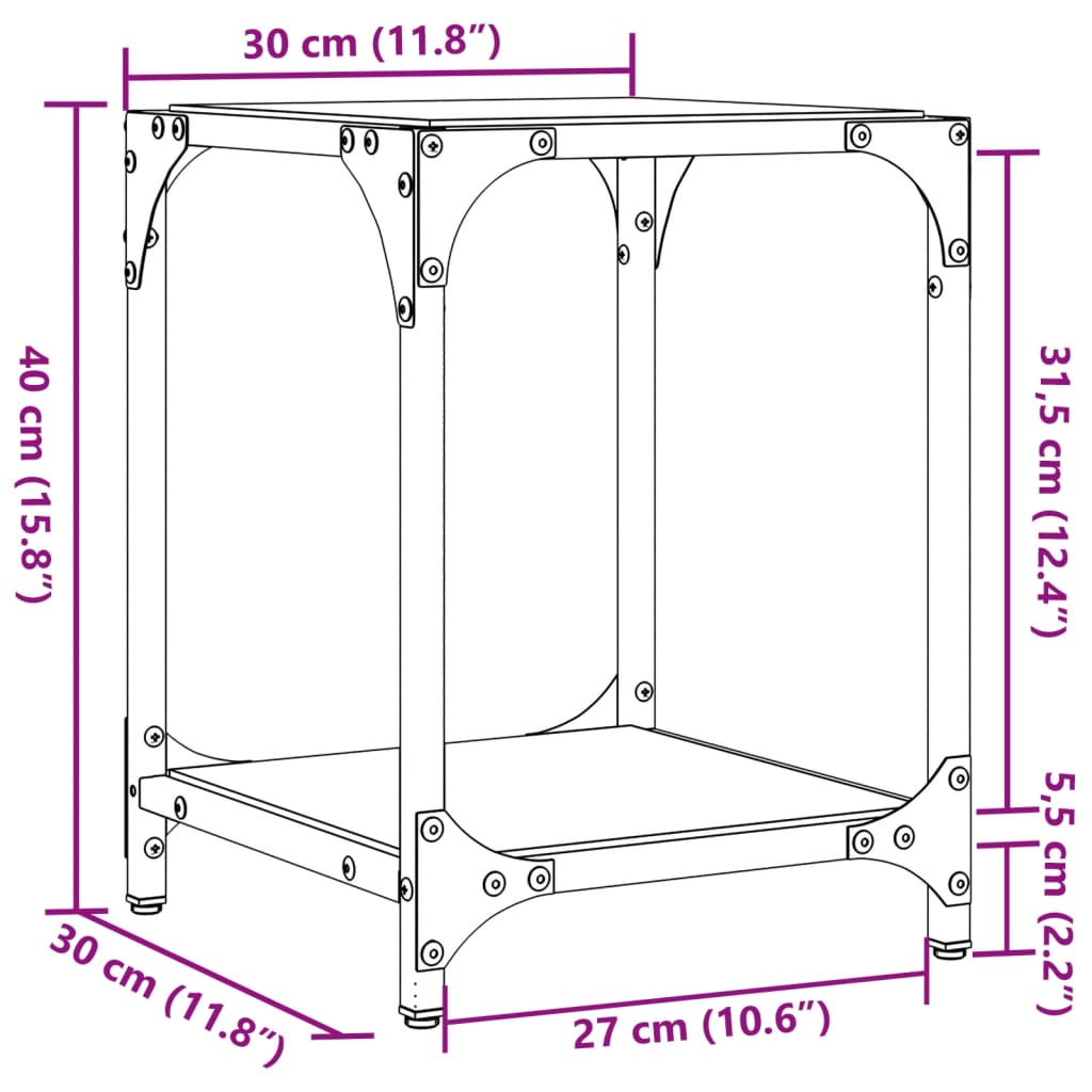 Sofabord med gjennomsiktig glassplate 30x30x40 cm stål
