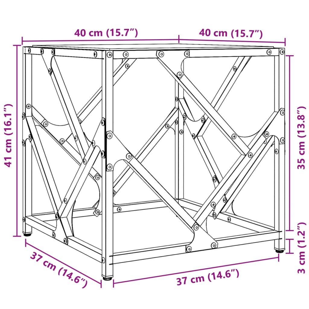 Sofabord med gjennomsiktig glassplate 40x40x41 cm stål