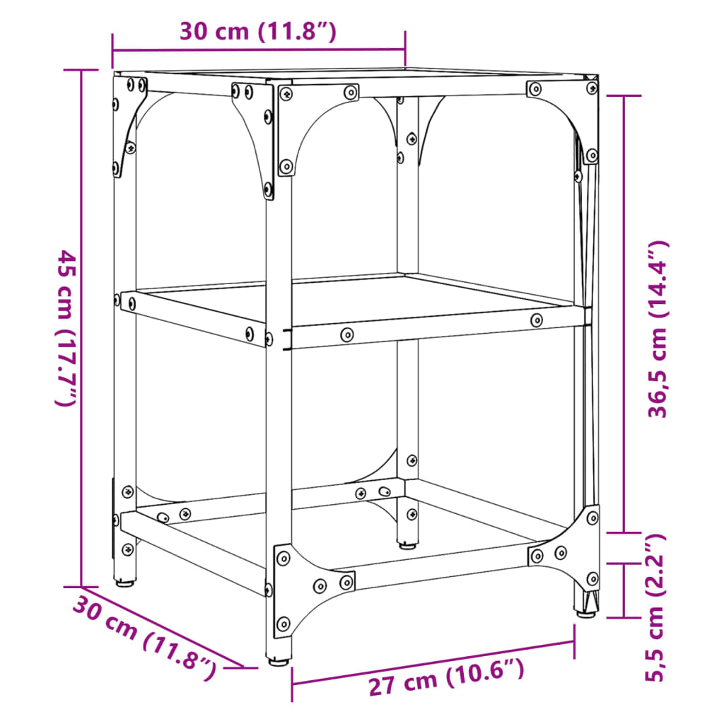 Sofabord med gjennomsiktig glassplate 2 stk 30x30x45 cm stål
