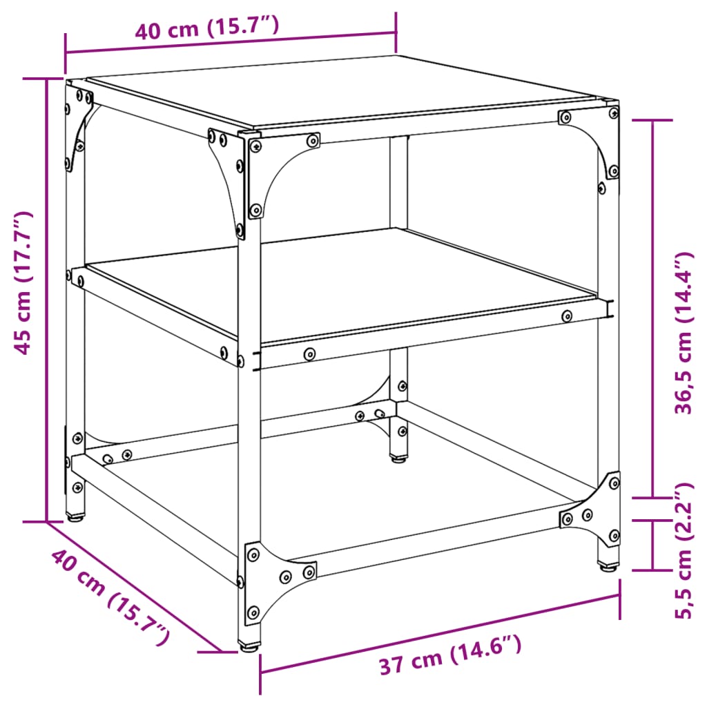 Salongbord med svart glassplate 2 stk 40x40x45 cm stål