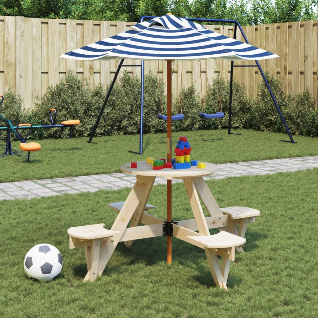 Piknikbord for 4 barn med parasoll rund heltre gran