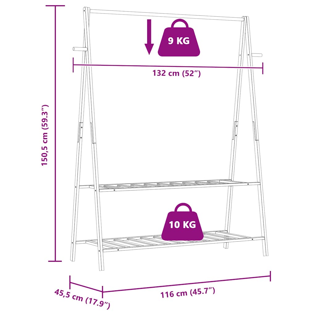 Klesstativ med hyller 132x45,5x150,5 cm bambus vidaXL