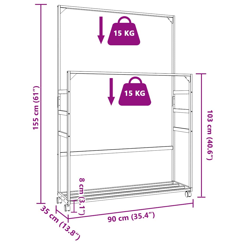 Klesstativ med hyller og hjul 90x35x155 cm bambus vidaXL