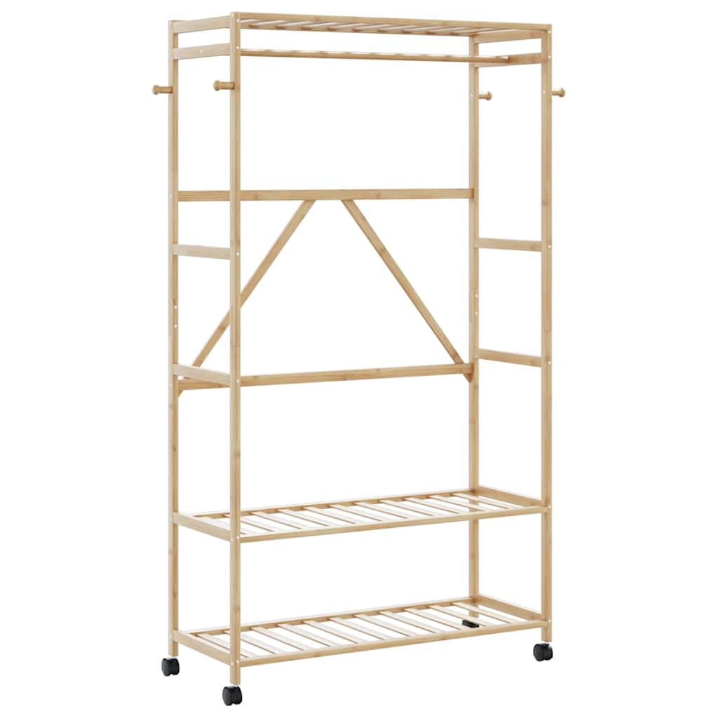 Klesstativ med hyller og hjul 110x40x180 cm bambus