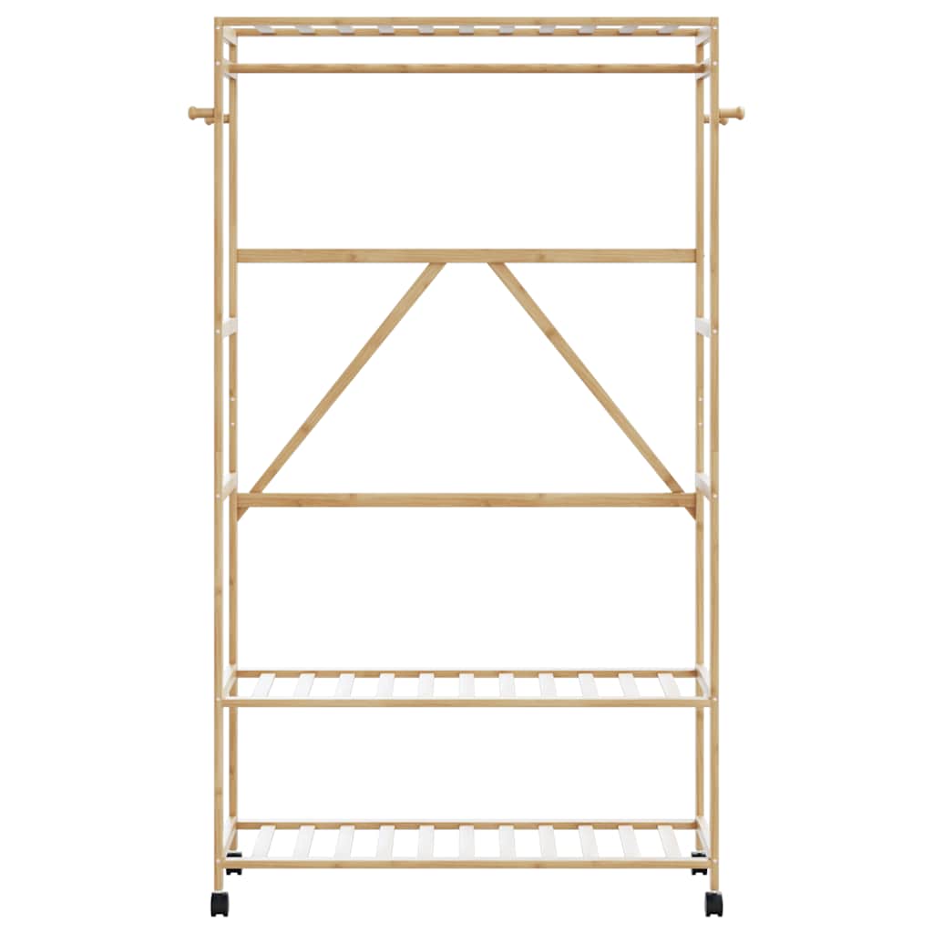 Klesstativ med hyller og hjul 110x40x180 cm bambus