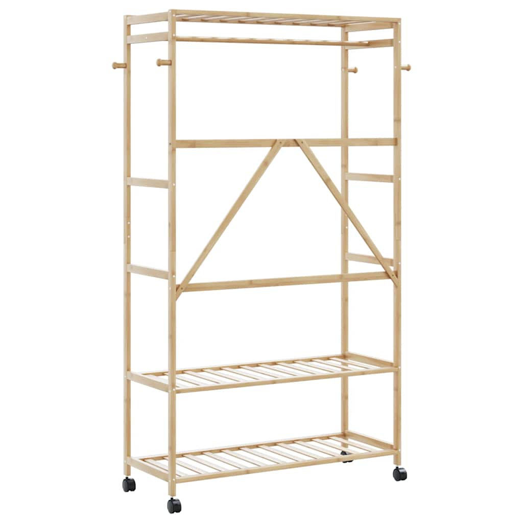 Klesstativ med hyller og hjul 110x40x180 cm bambus