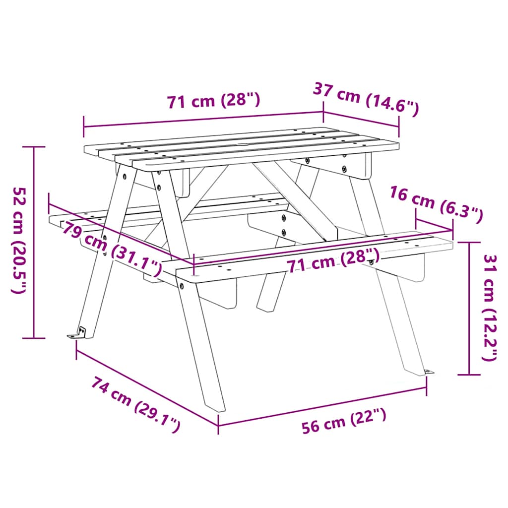 Piknikbord for 4 barn med parasollhull heltre gran vidaXL