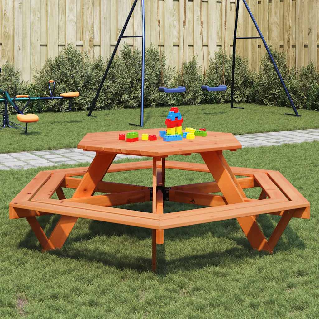 Piknikbord for 6 barn med benker sekskantet heltre gran