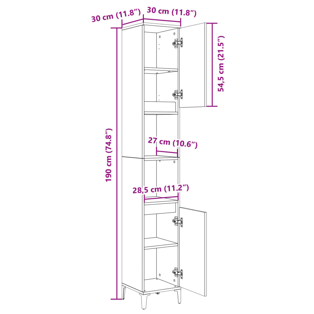 Baderomsskap sonoma eik 30x30x190 cm konstruert tre