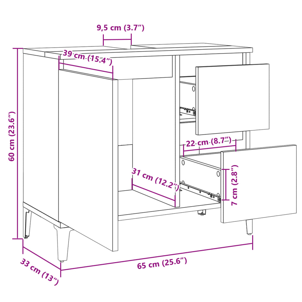 Baderomsskap sonoma eik 65x33x60 cm konstruert tre