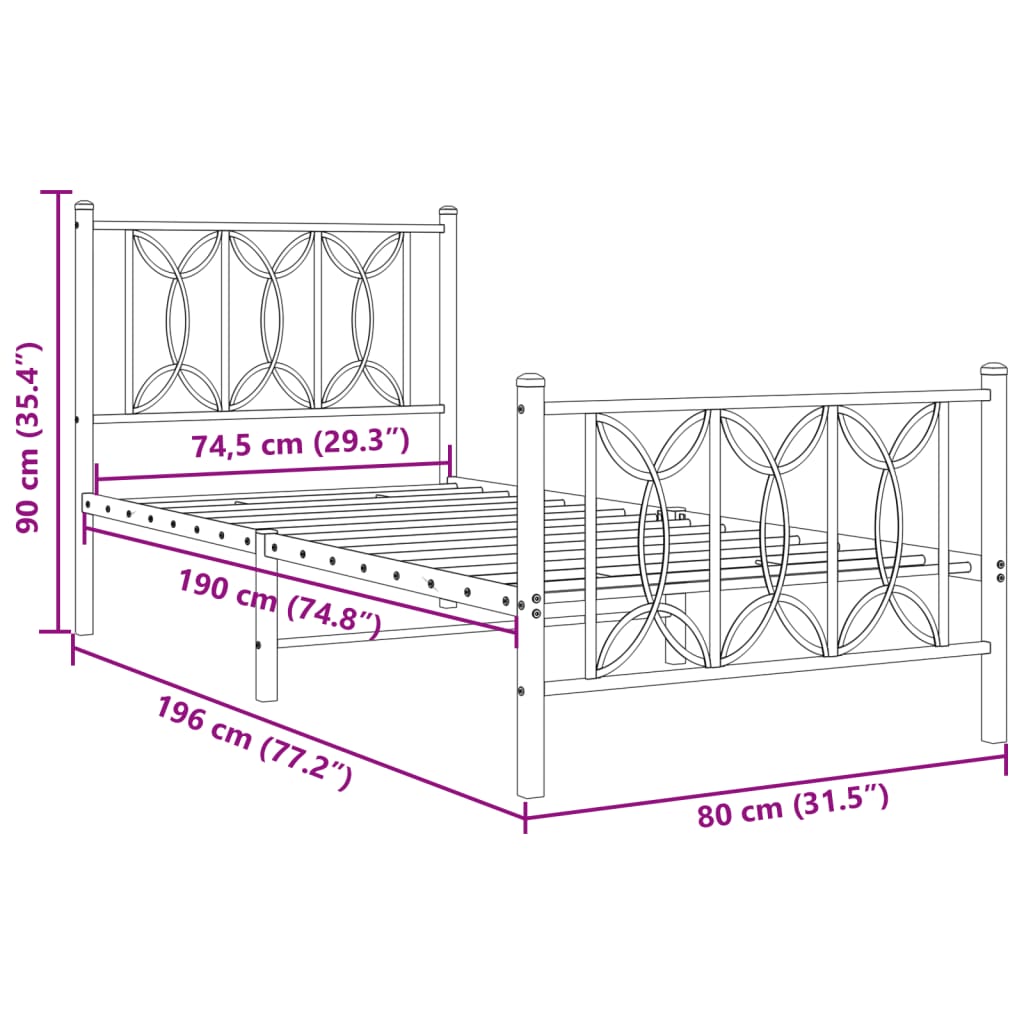 Sengeramme i metall med hode- og fotgavl svart 75x190 cm