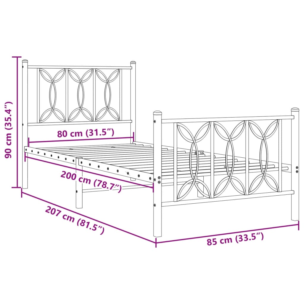 Sengeramme i metall med hode- og fotgavl svart 80x200 cm